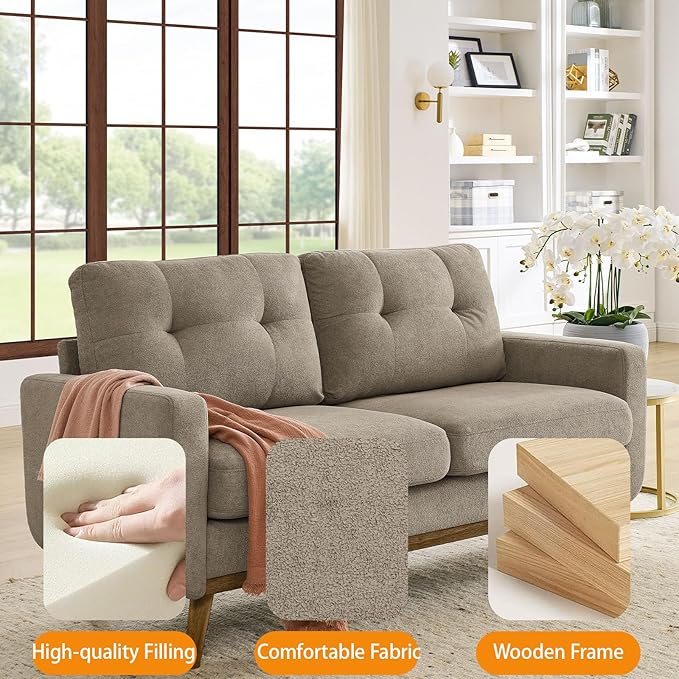 67.7 Mid-Century Modern Loveseat Sofa 2-Seat Mini Upholstered Love Seat Couch Comfy Small Couch with Wooden Legs and Tufted Back for Living Room Bedroom Office Apartment(Khaki)
