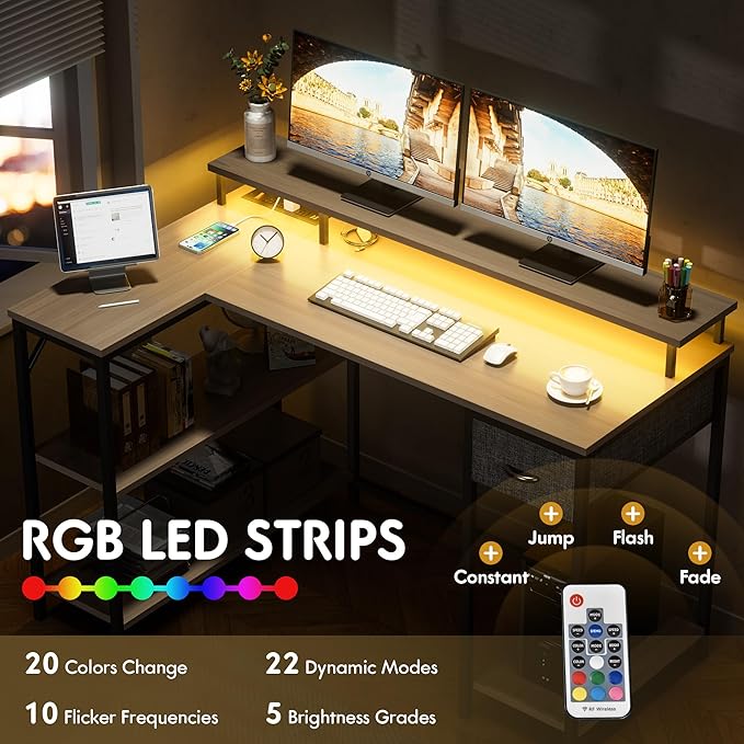 Homall L Shaped Gaming Desk with LED Lights &amp Power Outlets Reversible Computer Desk with Shelves &amp Drawer 47’’ Corner Desk Table with Monitor Stand Home Office Study Writing Table (Grey)