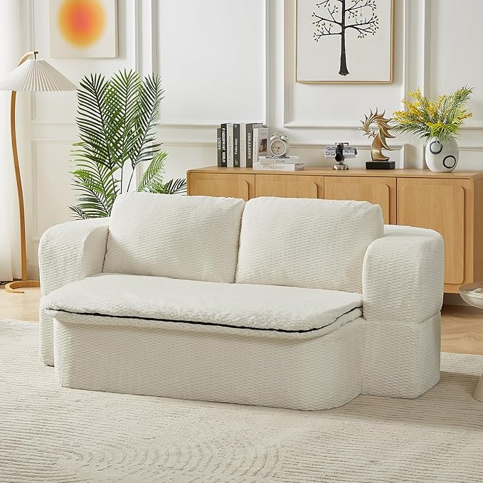 2-in-1 Convertible Sofa Bed 74.8 Memory Foam Boneless Couch Bed Full Size Love Seat Sleeper Sofa Floor Couch Loveseat with 2 Pillows for Living Room Bedroom Apartment Office No Assembly Cream