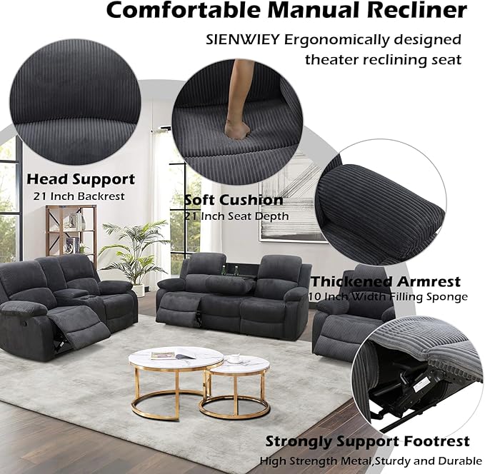 Manual Recliner Chair for Adults Single Reclining Sofa for Living Room/Office/Lounge/Club/Rv Car（Dark Grey CorduroyRecliner Chair）