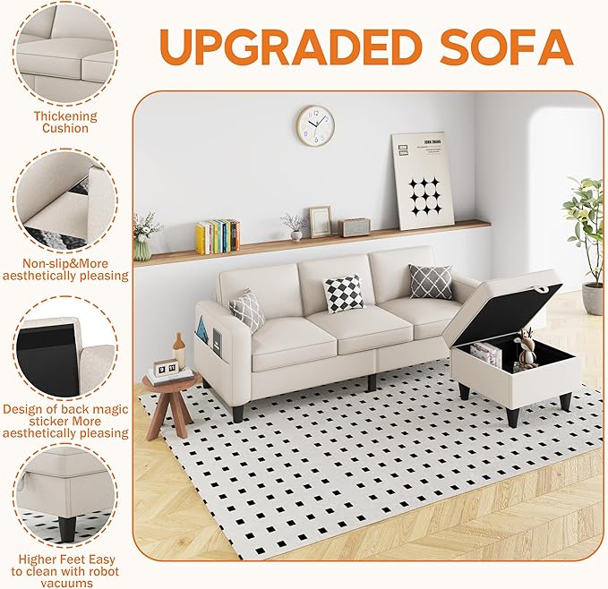 Sectional and Sofa Couches for Living Room Living Room Furniture 3 Seats Sofas with Movable Storage Function Ottoman Small Sofas for Bedroom Apartment or Office