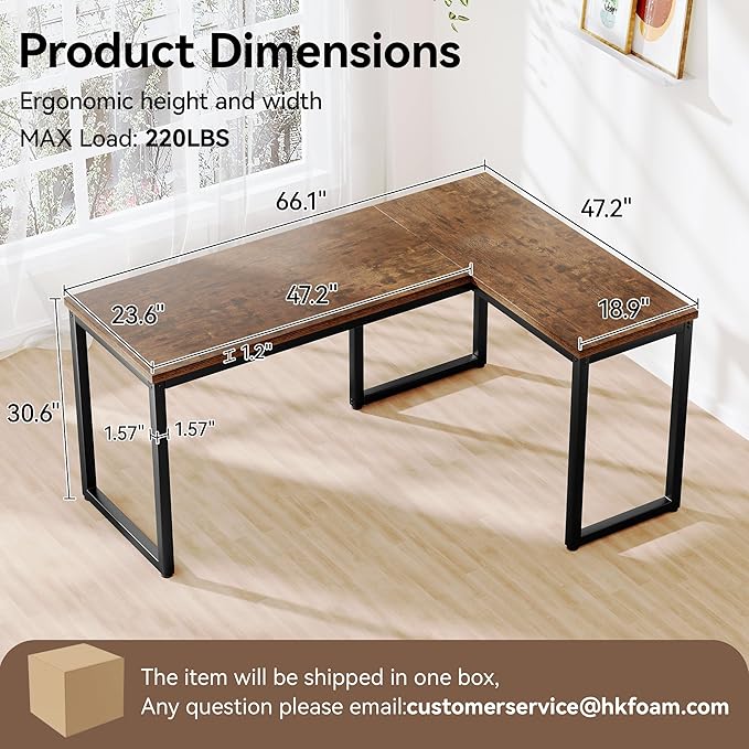 66 Inch L Shaped Computer Desk 1.2 Inch Extra-Thick Desktop Corner Office Desk with Robust Metal Tubes Gaming Writing Work Desk for Home Office Rustic Brown and Black