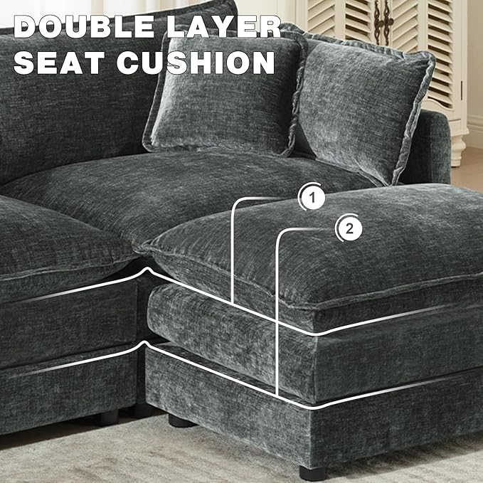 76.7” Modular Sectional Sofa U-Shaped Convertible Couches 2 Seater Chenille Deep Seat Cloud Couch with Pillows and 2 Ottomans for Living Room Apartment Office(Dark Grey)