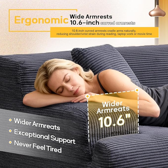 VINGLI 72 w Compressed Love Seat Sofa with Wide Curved Armrests (10.6) Premium Corduroy Couch in a Box Boneless Loveseat for Living Room Easy Assembly Required for Small Spaces Dark Grey
