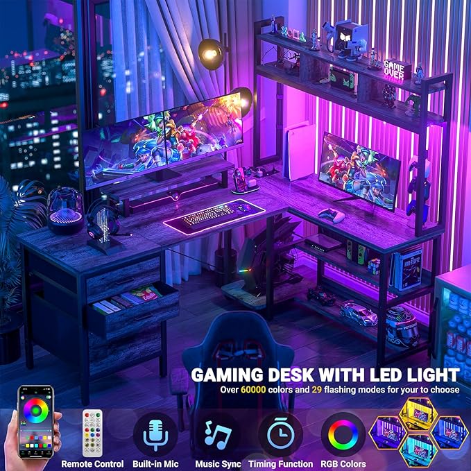 Aheaplus L Shaped Desk with Hutch Gaming Desk with Led Lights Reversible Computer Desk with Power Outlet Corner Desk with File Drawer &amp Monitor Stand Storage Shelves for Home Office Black Oak