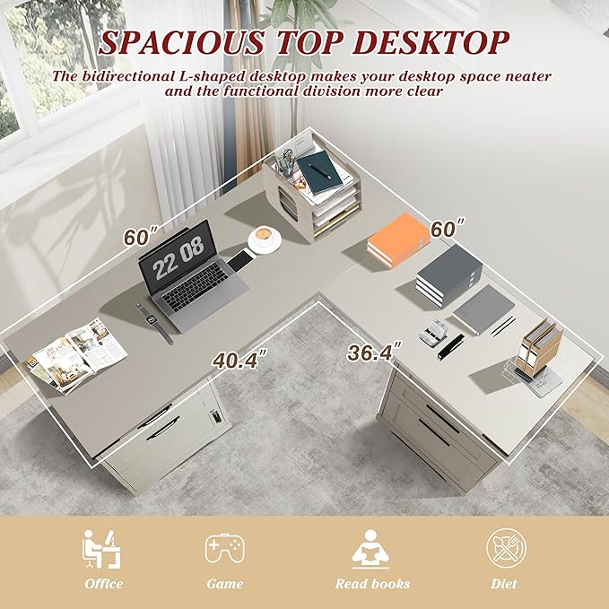 Grepatio 60 L Shaped Executive Desk with Drawers Farmhouse Corner Desk with USB Charging Station 2 Person Home Office Computer Writing Desks with Storage Key Lock Filing Cabinet (Grey)