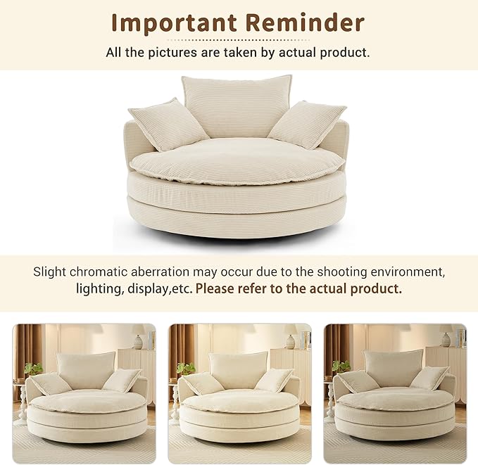 360°Swivel Accent Barrel Chair with Dual Layer Cushion 57.5 Oversized Circle Sofa Chairs with 3 Pillows Modern Round Corduroy Chaise Lounge for Office Bedroom Living Room Beige