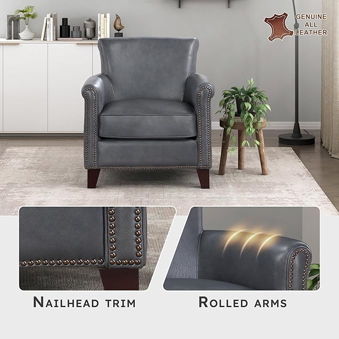 Lexicon 100% Top Grain Genuine Leather Chair Leather Accent Chairs for Living Room Solid Wood Frame Rolled Armrest &amp Nailhead Trim Comfy Reading for Bedroom Office Waiting Room Burnish Gray