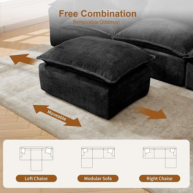 108 Sectional Couches for Living Room Modular Boneless Couch with Deep Seat &amp Fluffy Cushion Cozy Double-Layer Cushioned Sofa with Convertible Ottoman Comfy Cloud Sofa No Assembly Required