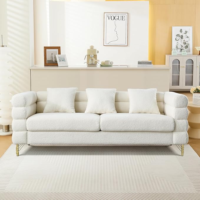 mikibama Luxury Teddy Sofa Set for Living Room Modern Decor Furniture Sectional Sofa 3 Seater Couch and Loveseat with 5 Pillows for Apartment Office Hall (White)