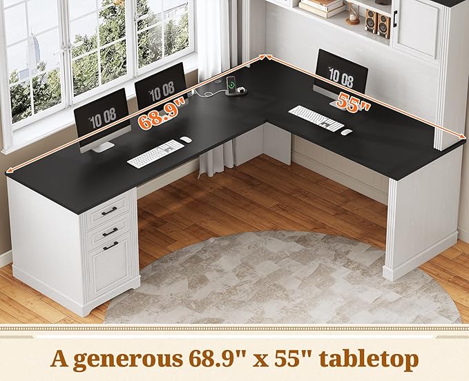 SEDETA Farmhouse L Shaped Desk with Hutch and 3 Drawers 68.9 Executive Office Desk with File Drawer and Power Outlet Corner Computer Desk with Storage Shelves for Home Office White
