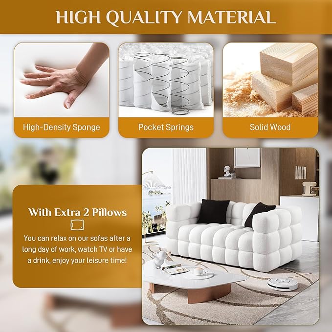 Boucle Sofa Couch 62.2 Comfy Upholstered Sherpa Loveseat Cozy Tufted 2-Seater Cloud Deep Seat Couch Small Modern Love Seat with 2 Pillows for Living Room Apartment Bedroom White