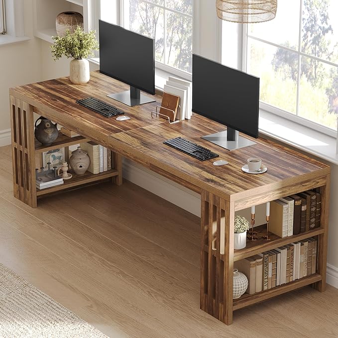 LITTLE TREE 78.7 Long Desk 2 Person Desk with Shelves Large Wooden Computer Desk Heavy Duty Shelf Legs Design for Two Person Home Office Business Workstation Brown (78.7 W x 23.6 D)