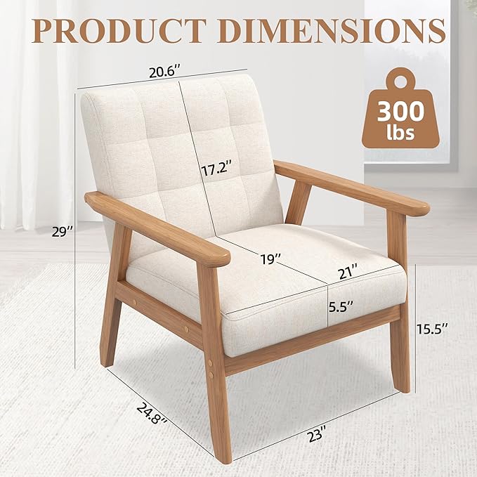 Westice Accent Chair Set of 2 Mid-Century Modern Living Room Chairs with Solid Wood Frame &amp Soft Thicken Cushion Upholstered Arm Reading Chair for Bedroom Balcony Beige Linen Fabric &amp Natu