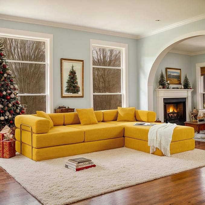 108 W Corduroy Modular Cloud Couch with Fixed-Shape Frame Oversized L-Shaped Sectional Sleeper Sofa Bed with Pull Out Bed No Assembly Modern Floor Boneless Couch for Living Room (Yellow)
