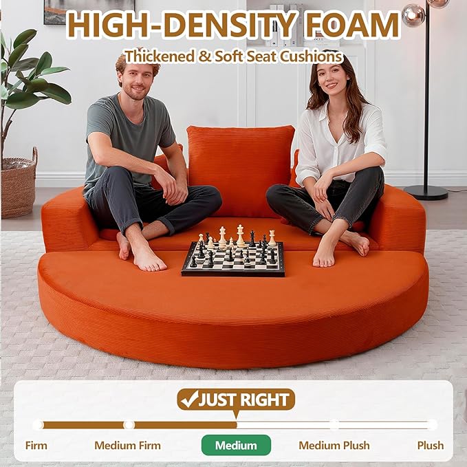 67'' Circular Convertible Compressed Sofa Bed Orange Corduroy Floor Lounge Round Boneless Couch Loveseat Sleeper Sofa Couch with 3 Cushions No Assembly for Apartment Bedroom (Orange 67)