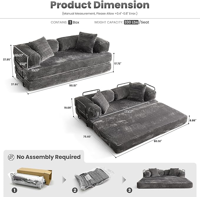 ovios 81 Folding Sofa Bed Foldable Sleeper Boneless Couch with Pull Out Beds Modular Convertible Floor Futon Loveseat Lounger for Living Room (Faux Fur Grey)