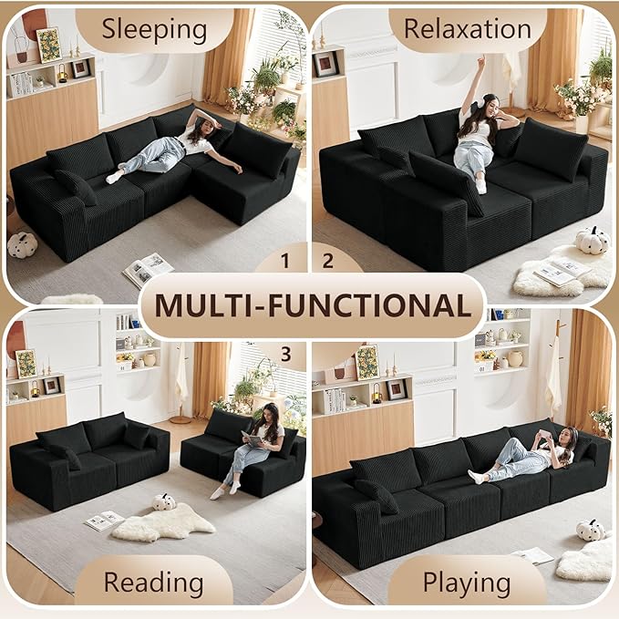104 L-Shaped Corduroy Cloud Modular Sofa Modern 4-Seater Sectional Couch with 6 Pillows Deep Seat Upholstered Convertible Sofa Bed for Living Room No Assembly Required (Black)