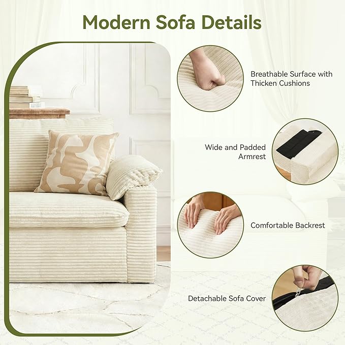 86 Loveseat Sofa Beige Corduroy CouchModern Cloud Sofa Love Seat Deep Seat Slipcovered Sofa with 2 Wide Armrest Pillows for Small Spaces Apartment Studio Office Bedroom Living Room