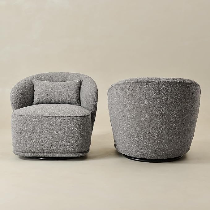 KINWELL 33 W Mid Century Modern Swivel Barrel Chair Set of 2 Upholstered Boucle Swivel Accent Chairs No Assembly Sofa Chair with Toss Pillow for Living Room Bedroom Reading Nursery (Light Gray)
