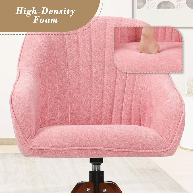 Athena Collection Swivel Modern Accent Chair Linen Upholstered Armchair Office Desk Chair No Wheels with Wooden Legs Comfy Vanity Chair Reading Chair for Bedroom Living Room Office Pink