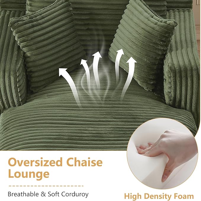 65.4 Green Oversized Chaise Lounge Chair Indoor Modern Corduroy Lounge Couch Comfy Upholstered Sleeper Sofa with Throw Pillows Fluffy Reading Chair Bed for Living Room