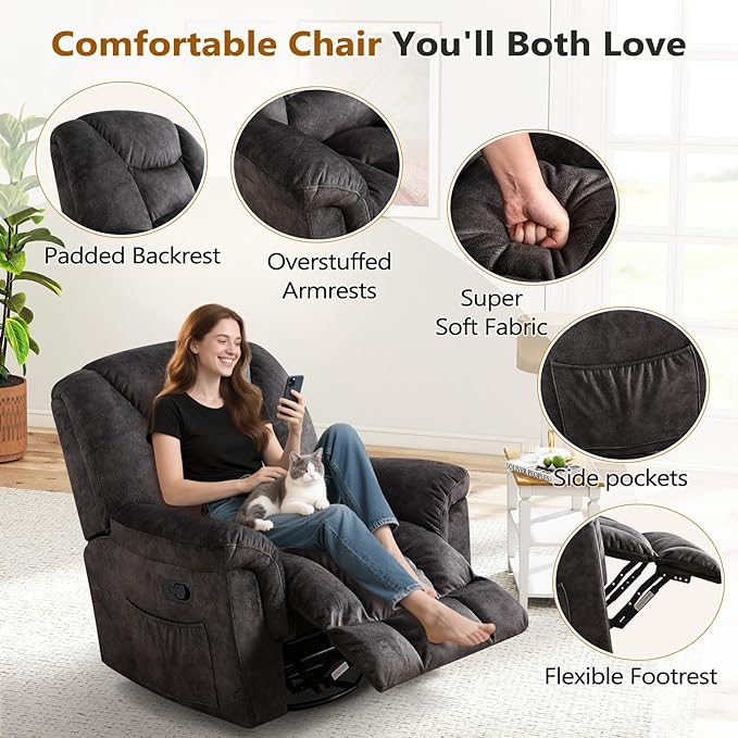 ANJ Rocking Recliner Chair Oversized Swivel Rocker Recliners Comfy Glider Rocking Chairs for Big Man Extra Wide Recliners Overstuffed Reclining Chair for Living Room Grey