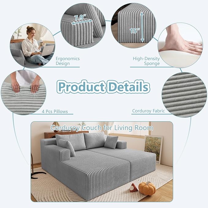 71Oversized Chaise Lounge ChairSectional Double Lounge Chaise with PillowsUpholstered Corduroy Boneless Lounge ChairFluffy Modern Loveseat Sleeper Sofa for Living Room &ampBedroom(Light Grey)