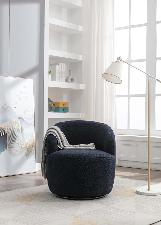 360° Blue Teddy Swivel Accent Chair for Living Room Small Round Swivel Chairs with Metal Base for BedroomBarrel Chairs for Bedroom Corner Or Small Spaces Cozy (Dark Blue)