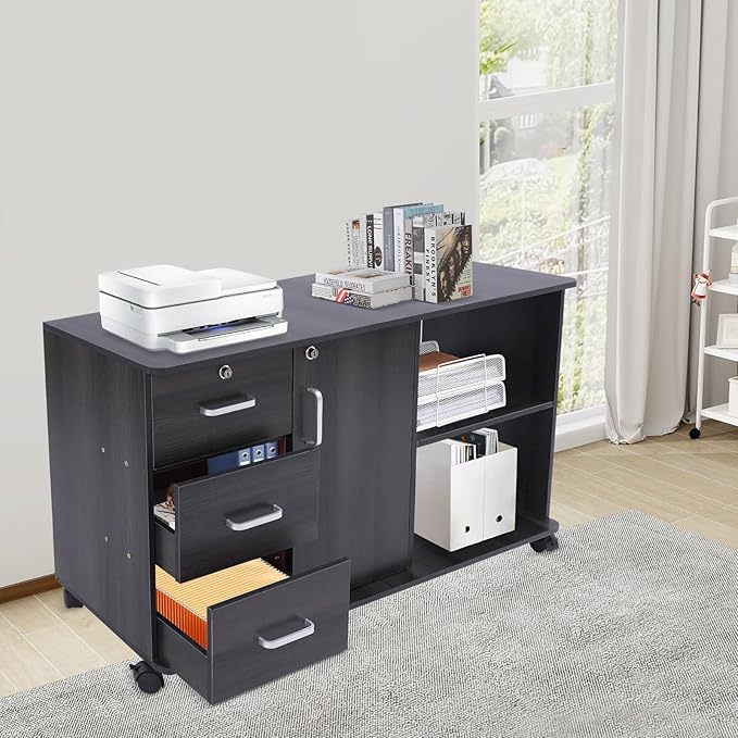 Mobile File Cabinet 3-Drawer MDF Mobile Lateral Filing Cabinet Locking File Cabinets with 5 Universal Wheels for Home Office (Black Walnut)