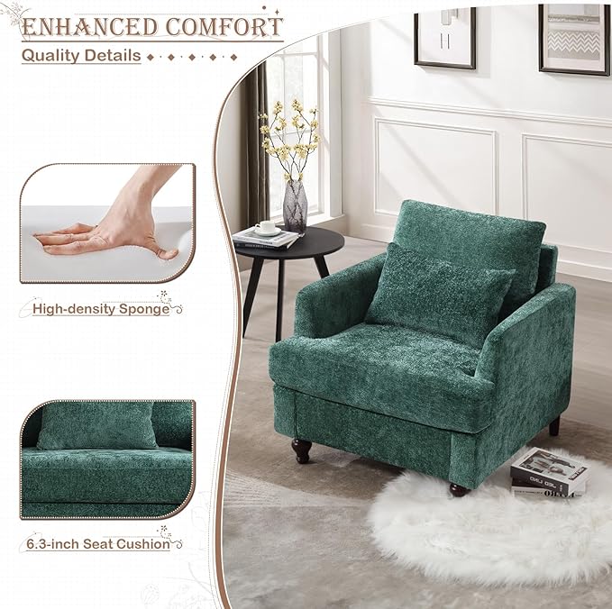KINFFICT Modern Accent Chair for Living Room Upholstered Single Sofa Chair with Lumbar Pillow Comfy Armchair with Thickened Cushion Living Room Chairs for Bedroom Office Emerald Chenille