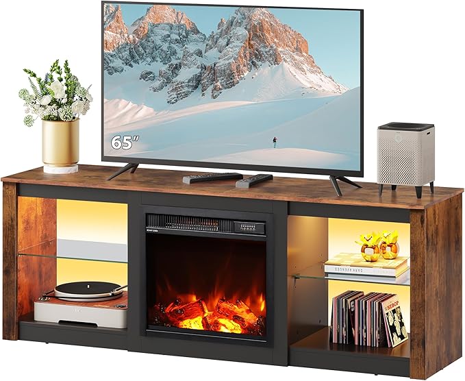 WLIVE Fireplace TV Stand for 65 Inch TV 58 Entertainment Center with Fireplace Modern TV Stands for Living Room Entertainment Center with Glass Shelves Rustic Brown