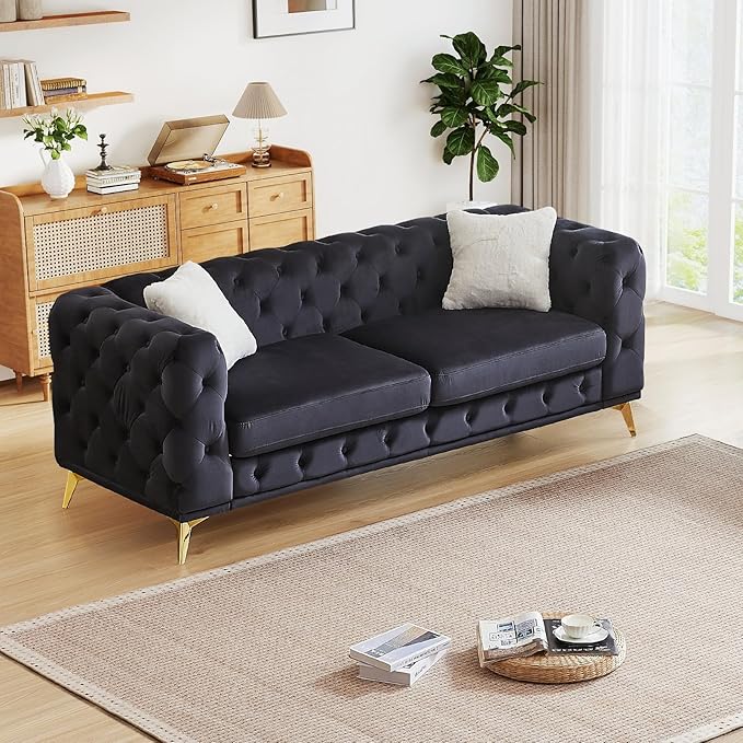 Mid Century Modern Couch82W Luxury Upholstered Velvet Oversized Loveseat Couch with Button Tufted &amp Gold Legs Deep Seat Comfy Chesterfield Sofa for Living Room Bedroom Office(3 Seater Black)