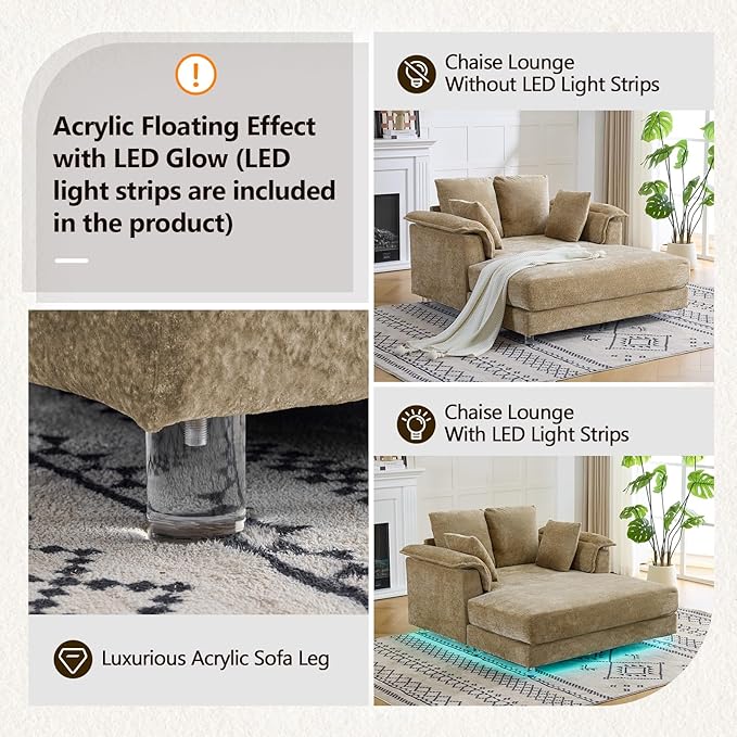 VINGLI Modern Floating Chaise Lounge Chair with LED Lights &amp Acrylic Legs Upholstered Cushion Deep Seat Lounge Sofa with Iron-Wood KD Frame Pillow Armrest Accent Chair for Living Room Apartment