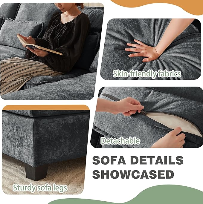 112 Modular Sectional Sofa U Shaped Comfy Cloud Couch with Double Chaise and Padded Armrests Modern Deep Seat Sectional Couches for Living Room Apartment Office Dark Grey