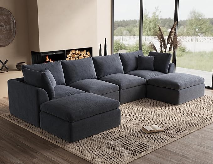 Oversized Cloud Sectional Couches for Living Room Boneless U Shaped Couch with Ottoman 4 Seater Modular Sectional Sofa Dark Grey