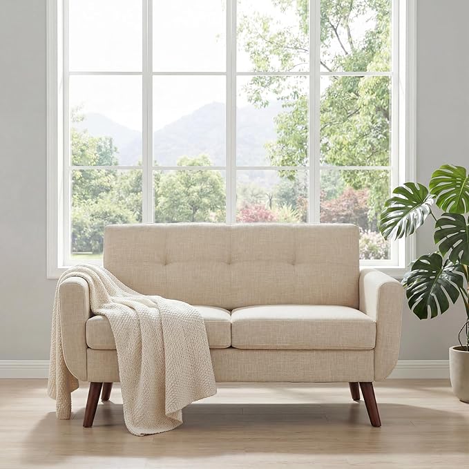 Tbfit 56 W Loveseat Sofa Mid Century Modern Decor Love Seat Couches for Living Room Button Tufted Upholstered Small Couch for Bedroom Solid and Easy to Install Love Seats Furniture Beige | linen