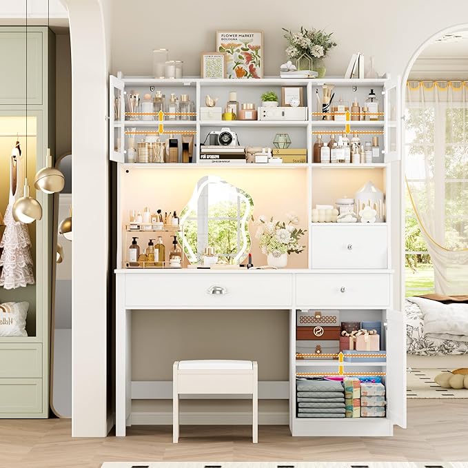 FACBOTALL Computer Desk with Hutch and RGB Lights 65 Office Desk with Power Outlet Makeup Vanity with 3 Doors &amp 3 Drawers White Executive Desks for Home Work and Study