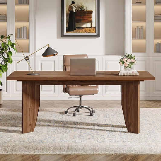 Tribesigns 63 Executive Desk Mid-Century Modern Office Computer Desk with Sturdy Legs Large Wooden Workstation Writing Table Farmhouse Business Furniture for Home Office Brown