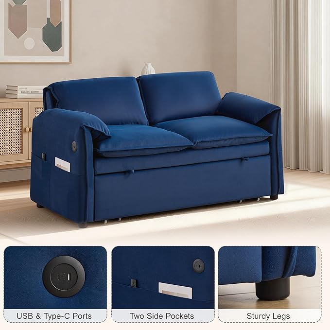 63 Velvet 3 in 1 Convertible Sleeper Sofa Bed Pull Out Couch Bed Loveseat with Adjustable Backrest Chaise Lounge USB Port &amp Side Pocket Modern Sofa for Living Room Small Spaces Blue