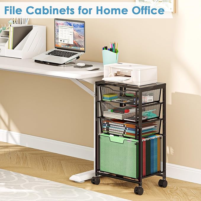 4 Drawers Rolling File Cart Under Desk Mobile Filing Cabinet with Wheels File Cabinets for Home Office Hanging File Folder Organizer Utility Craft Cart Printer Stand Black