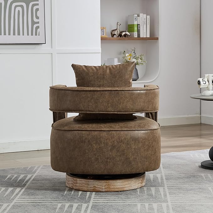 29.1 W Swivel Accent Chair with Open Back Modern Comfy Sofa Chair with Rubberwood Base 360 Degree Comfy Lounge Reading Armchair for Living Room Bedroom Nursery Office or Club (Coffee+PU)