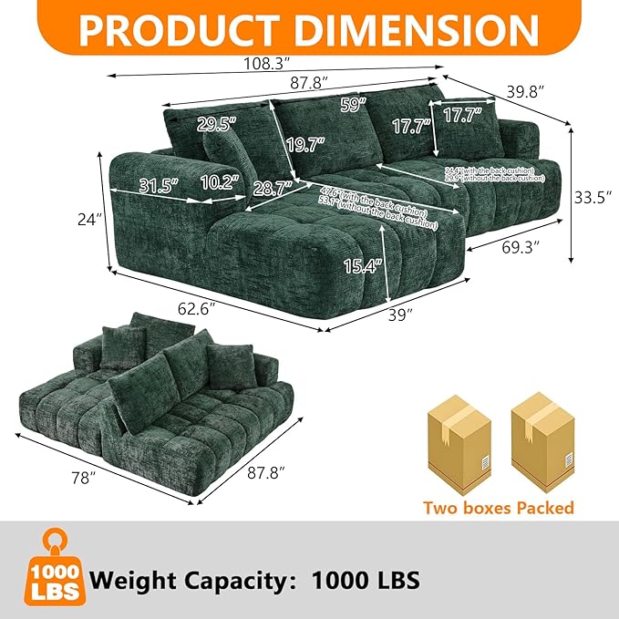 Luxury 108 Sofa with Oversized Chaise L-Shaped Chenille Modular Cloud Couch with Deep Seat &amp 2 Pillows Orange Boneless Couches for Living Room Apartments Homes (Green Left Facing Chaise)