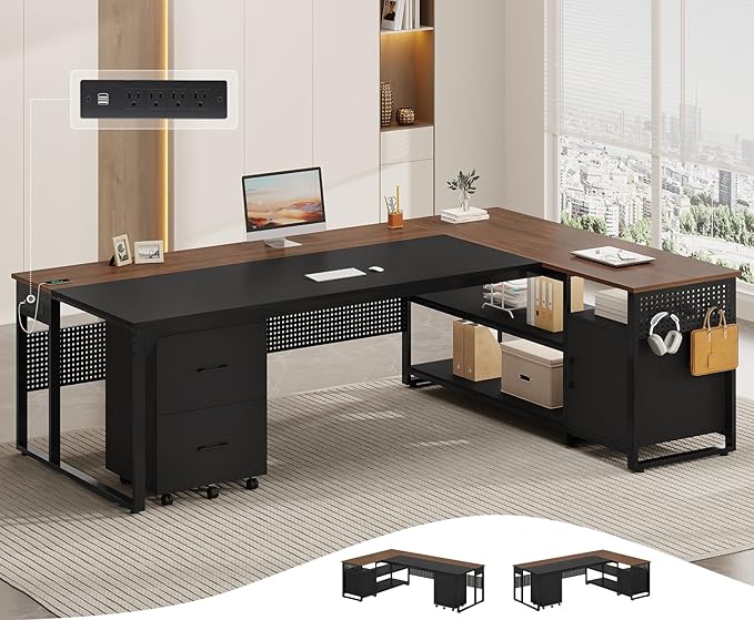 71 Executive Desk Reversible L Shaped Desk with Mobile File Cabinet &amp Power Outlets Large Office Desk with Drawers Storage Shelves Hooks Corner Computer Desk for Home Office (Walnut)