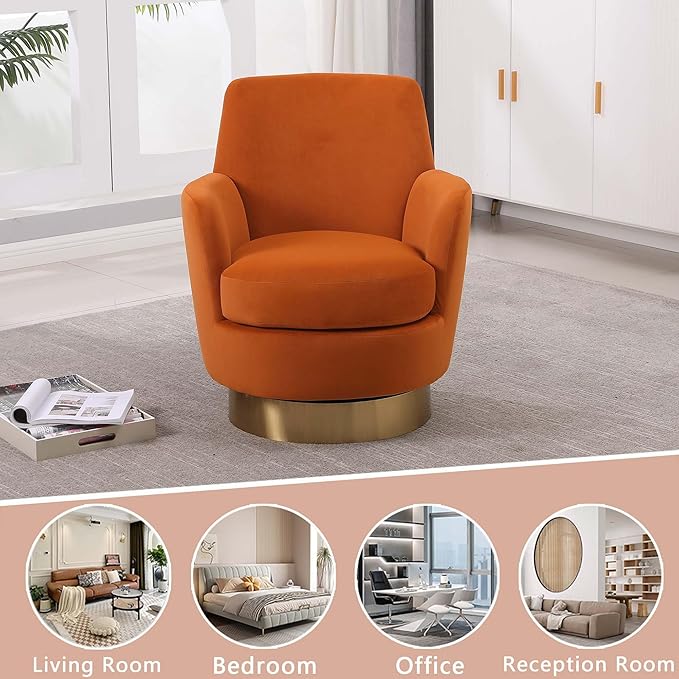 Velvet Swivel Accent Chairs for Living RoomComfy Swivel Barrel Chair with Foam Cushion Round Swivel Chair &amp Boucle Swivel Chair with High Back Round Armrest Gold Base (Orange 2)