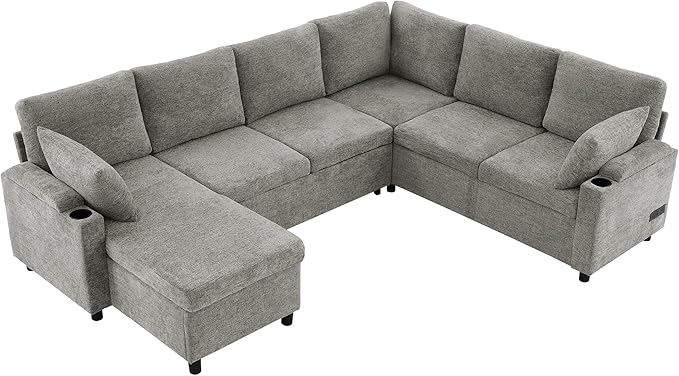 109.9 Modern Sectional Sofa Pull-Out Sofa Bed Sleeper with Storage Ottoman and 2 Cup Holders Chenille Convertible U-Shaped Couch Bed for Living Room (Light Grey-3.13)
