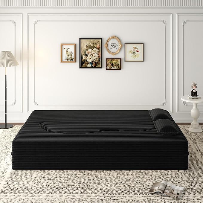 Hommoo Convertible Sleeper Sofa Bed Futon Sofa Folding Mattress Couch Full Size Corduroy 2 in 1 Compression Floor Lounge Couch High Density Foam for Living Room/Guest Room/Apartment Black