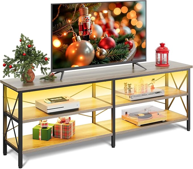 WLIVE TV Stand up to 70 Inch TV 63 Entertainment Center with LED TV Media Console with 3-Tier Storage Shelves for Living Room and Bedroom Greige
