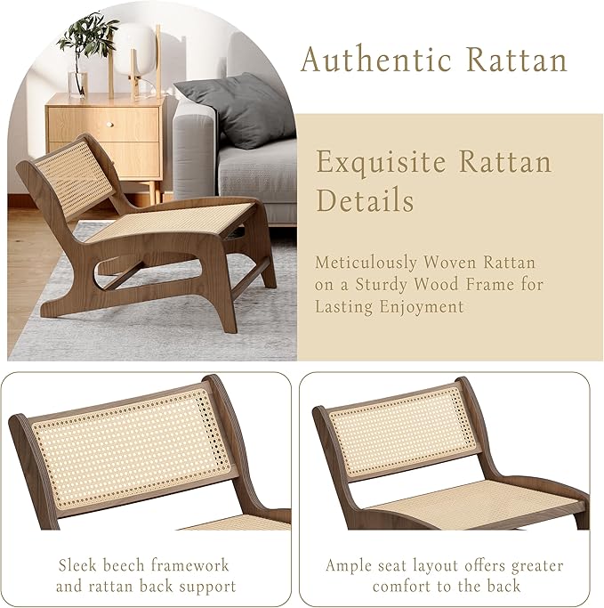 Chogori Mid Century Modern Wooden Lounge Chair Armless Rattan Accent Chair Lightweight Boho Style Seating Comfortable Single Chair for Living Room Bedroom or Patio (Walnut Set of 2)