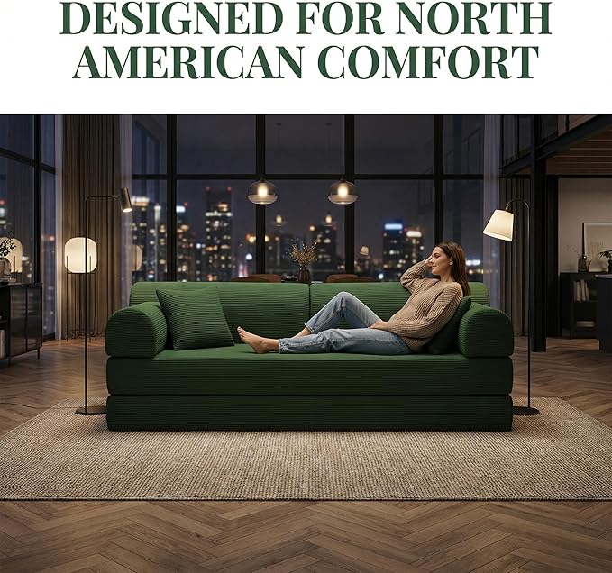 KEIKI 78 2Seat Sleeper Corduroy Sofa Couch for Forest Retreat Small Space Family Friendly Homeowners Warm Inviting Comfy Supportive Rest Space Elegant Premium Premium Design Moss